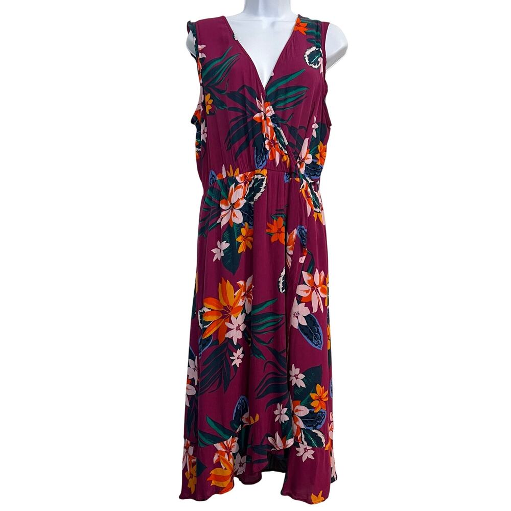 Old Navy Boho Floral Surplice Faux Wrap MIDI Dress Women Size L Multi Tropical